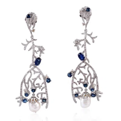 Artisan Women's White / Blue Sapphire, Pearl & Diamond Chandelier Earrings In Silver & 18k White Gold In White/blue