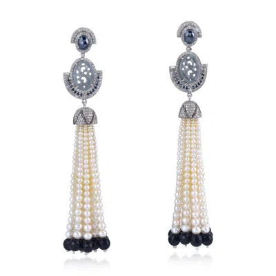 Artisan Women's White / Blue Spinel, Jade, Onyx & Pearl Tassel Earrings In Silver & 18k White Gold In White/blue