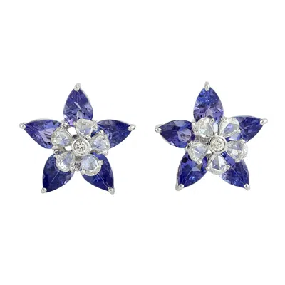 Artisan Women's White / Blue Tanzanite & Rose Cut Diamond Flower Ear Jacket Earrings In White Gold