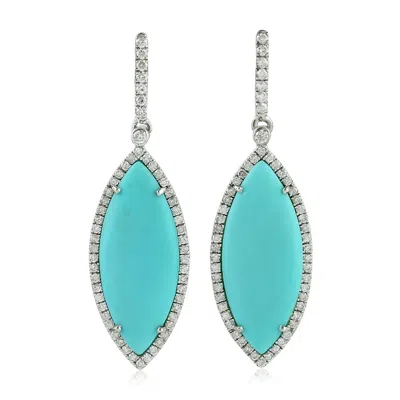 Artisan Women's White / Blue Turquoise & Diamond Marquise Drop Earrings In 18k White Gold In White/blue