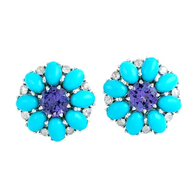Artisan Women's White / Blue Turquoise & Tanzanite Gemstone Prong Diamond Stud Earrings In White Gold