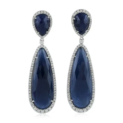 Artisan Women's White / Blue White Gold Blue Sapphire Diamond Handmade Dangle Earrings