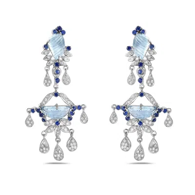Artisan Women's White / Blue "white Gold Drop Earrings With Carved Aquamarine, Blue Sapphires & Diamond "