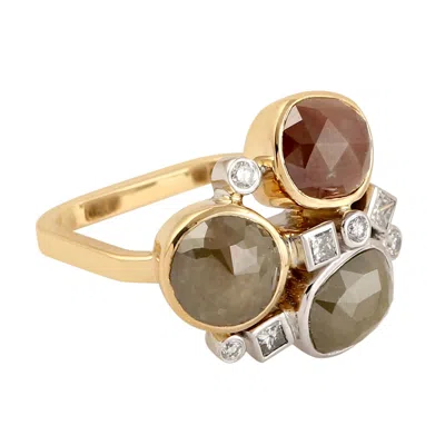 Artisan Women's White / Brown / Gold Designer Three-stone Ring With Natural Diamonds In Yellow & White Gold