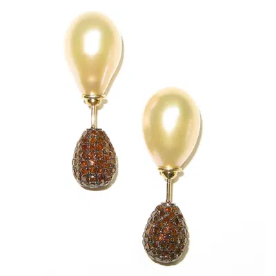 Artisan Women's White / Brown / Gold Fresh Water Pearl & Colored Diamond Tunnel Earrings In Gold In Multi