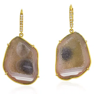 Artisan Women's White / Brown / Gold "gold Geode Slice With Pave Diamond Ear Hooks Drop Earrings "