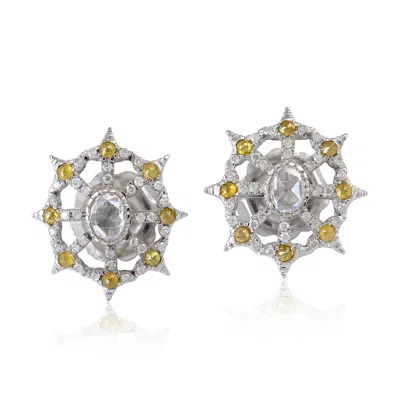 Artisan Women's White / Brown Ice Diamond Stud Earrings In White Gold – Designer Minimalist Fine Jewelry In Multi