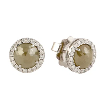 Artisan Women's White / Brown Natural Ice Diamond Round Stud Earrings In 18k White Gold In Multi