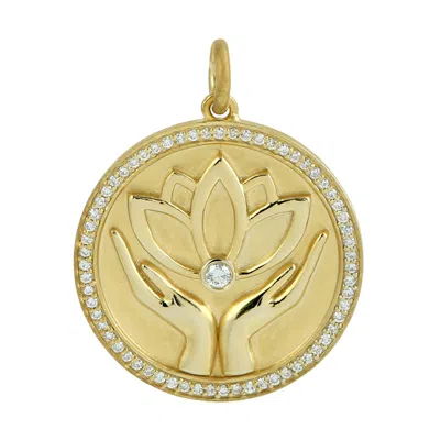 Artisan Women's White / Gold 14k Gold Hope Hands Lotus Flower Pendant With Natural Diamonds