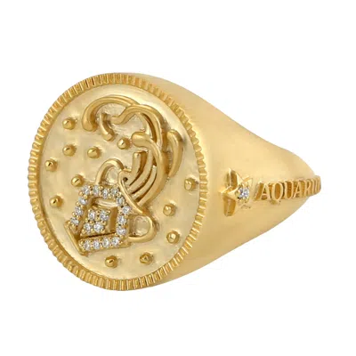 Artisan Women's White / Gold Aquarius Horoscope Ring In 14k Gold With Diamonds