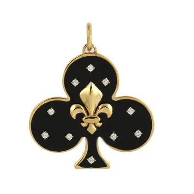 Artisan Women's White / Gold / Black 14k Gold Pendant With Diamond Fleur De Lis And Enamel Detailing