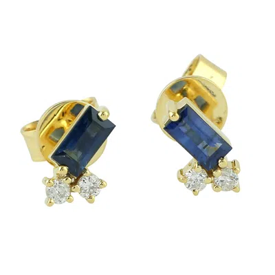 Artisan Women's White / Gold / Black Baguette Blue Sapphire & Diamond Stud Earrings In Yellow Gold In Multi