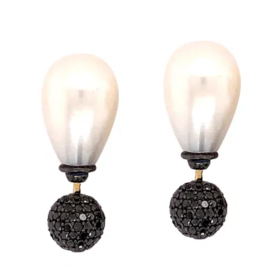 Artisan Women's White / Gold / Black Fresh Water Pearl & Black Diamond Tunnel Earrings In Gold
