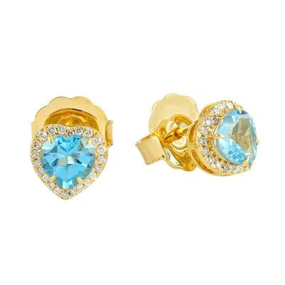 Artisan Women's White / Gold / Blue 14k Yellow Gold Blue Topaz & Diamond Heart Stud Earrings