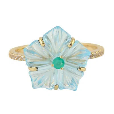 Artisan Women's White / Gold / Blue Carving Blue Topaz & Emerald Pave Sapphire Gemstone In Gold Flower Ring In Multi