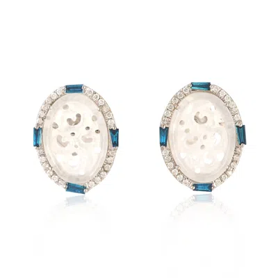 Artisan Women's White / Gold / Blue Elegant Jade And Diamond Stud Earrings In 18k White Gold In Metallic