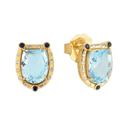 Artisan Women's White / Gold / Blue Natural Blue Sapphire & Topaz Pave Diamond Stud Earrings In Gold