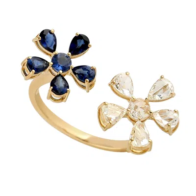 Artisan Women's White / Gold / Blue Sapphire & Diamond Floral Open Ring In 18k Yellow Gold In White/gold/blue