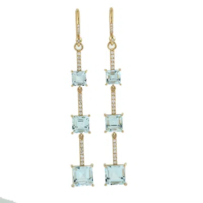 Artisan Women's White / Gold / Blue Square Aquamarine & Diamond In 18k Yellow Gold 3 Tier Earrings