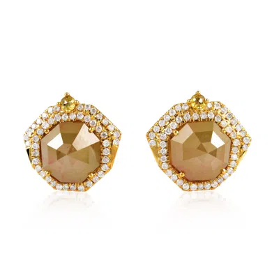 Artisan Women's White / Gold / Brown 18k Yellow Gold Hexagon Ice Diamond Stud Earrings