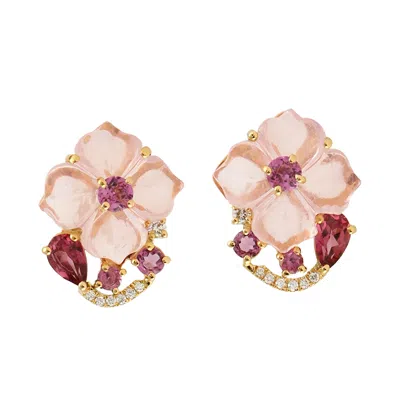 Artisan Women's White / Gold Carved Mix Stone & Rhodolite With Diamond In 18k Gold Precious Flower Stud Earr In Pattern