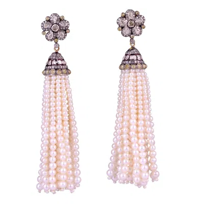 Artisan Women's White / Gold Diamond & Pearl Flower Tassel Earrings In 18k Gold And Silver In Multi