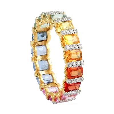 Artisan Women's White / Gold Emerald Cut Multi Sapphire & Diamond Full Eternity Band Ring In Gold