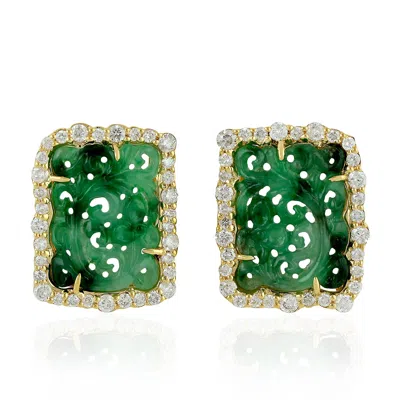 Artisan Women's White / Gold / Green 18k Yellow Gold Carved Jade & Diamond Stud Earrings In Metallic