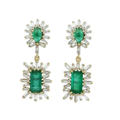 Artisan Women's White / Gold / Green 18k Yellow Gold Emerald & Diamond Double Drop Statement Earrings