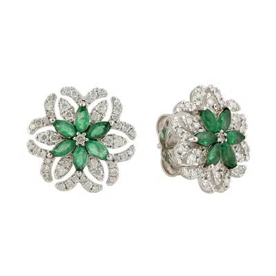 Artisan Women's White / Gold / Green Emerald & Diamond Floral Stud Earrings In 18k White Gold In Metallic