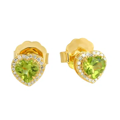 Artisan Women's White / Gold / Green Luxury 14k Gold Heart Earrings With Peridot & Diamonds