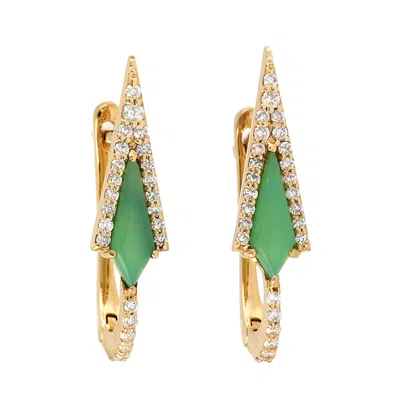 Artisan Women's White / Gold / Green Luxury Green Chrysoprase & Diamond Hoop Earrings In Yellow Gold
