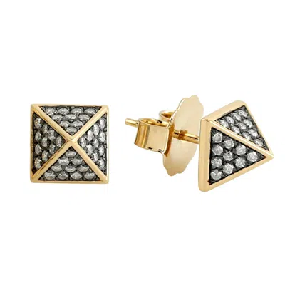 Artisan Women's White / Gold Luxury Pyramid Diamond Stud Earrings In Yellow Gold In Multi