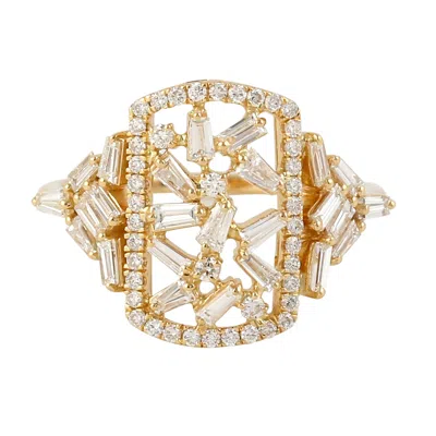 Artisan Women's White / Gold Natural Tapered Baguette Diamond With Solid Yellow Gold Designer Cocktail Ring