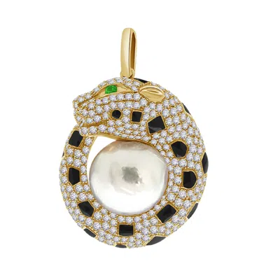 Artisan Women's White / Gold Panther Head Pendant With Diamonds, Onyx & Pearl In 18k Yellow Gold In Multi