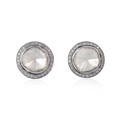 Artisan Women's White / Gold Pave Diamond Handmade Stud Earrings In 18k White Gold In Metallic