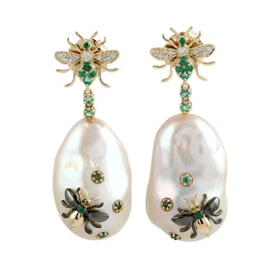Artisan Women's White / Gold Pearl Chinese & Emerald Gemstone Diamond Honeybee Earrings In Gold