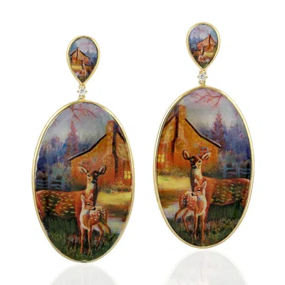 Artisan Women's White / Gold Picture Bakelite & Diamond Enamel Dangle Earrings In Yellow Gold