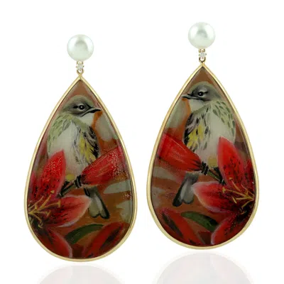 Artisan Women's White / Gold Picture Bakelite & Pearl Prong Diamond Dangle Earrings In Gold In Multi