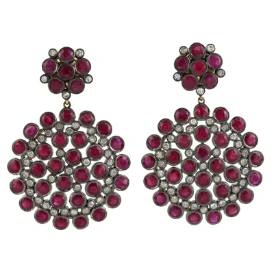 Artisan Women's White / Gold / Red Bezel Set Ruby With Diamond Vintage Round Dangle Earring In 14k Gold & 92 In Burgundy
