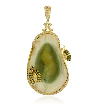 Artisan Women's White / Gold / Yellow Natural Jasper Pave & Diamond In 18k Yellow Gold Butterfly Pendant In Green