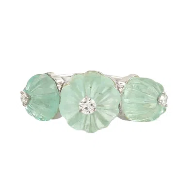 Artisan Women's White / Green 14k White Gold Carved Emerald & Diamond Three-stone Ring