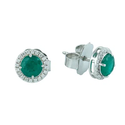 Artisan Women's White / Green 14k White Gold Classic Emerald & Diamond Stud Earrings In Metallic