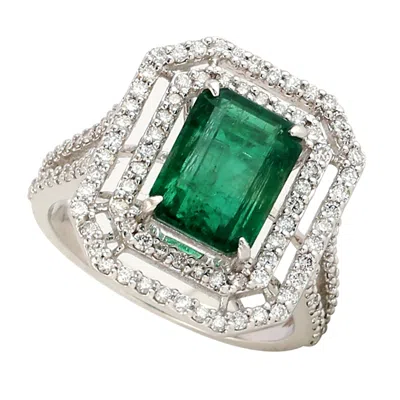 Artisan Women's White / Green 14k White Gold Emerald & Diamond Statement Ring In White/green