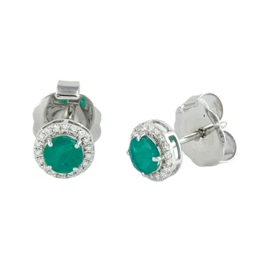 Artisan Women's White / Green 14k White Gold Emerald Diamond Solitaire Halo Earrings In Metallic