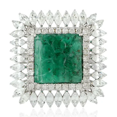 Artisan Women's White / Green 18k White Gold Carved Emerald & Sapphire Diamond Floral Statement Ring In Metallic