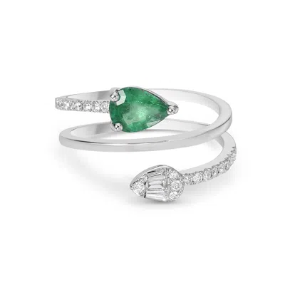 Artisan Women's White / Green 18k White Gold Emerald & Diamond Spiral Statement Ring In Metallic