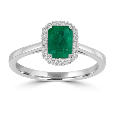 Artisan Women's White / Green 18k White Gold Emerald Cut Emerald & Diamond Designer Ring