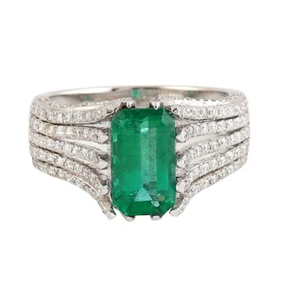 Artisan Women's White / Green 18k White Gold Emerald Cut Emerald Ring With Diamond Pave Band