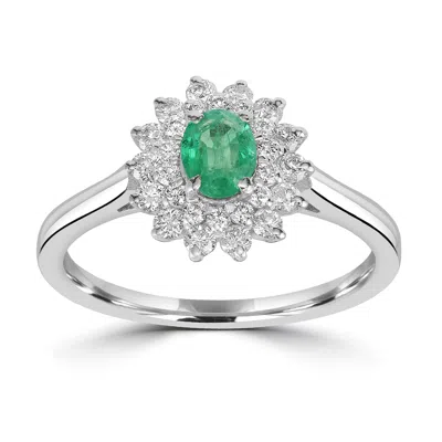 Artisan Women's White / Green 18k White Gold Prong Emerald & Diamond Flower Ring In Multi
